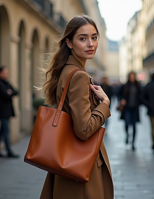 Théa Paris — leather tote worn, lifestyle