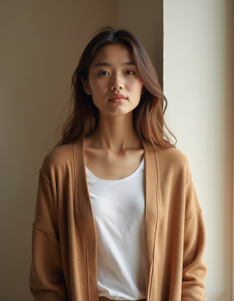 Théa Paris — merino cardigan camel worn, lifestyle