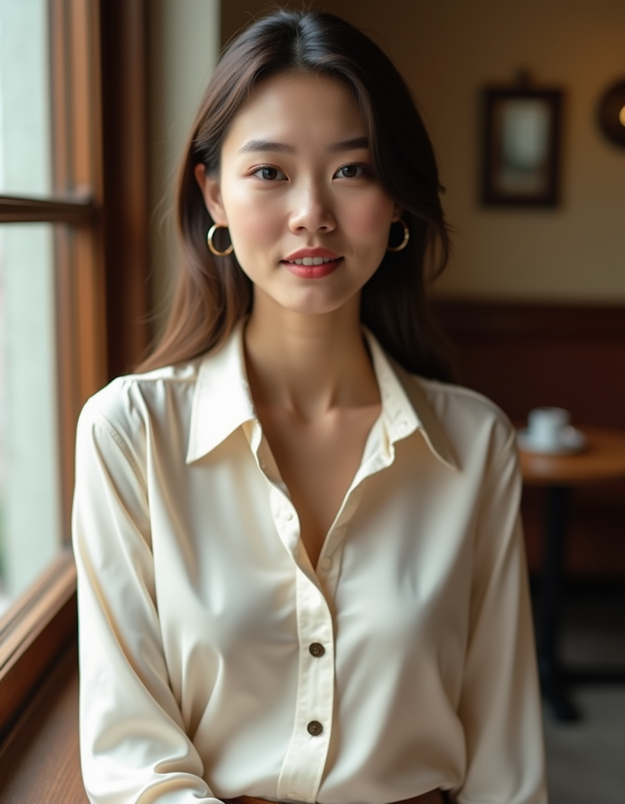 Théa Paris — silk blouse ivory worn, lifestyle