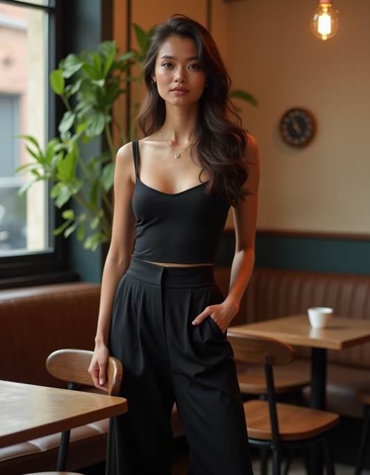 Théa Paris — wide leg trousers worn, lifestyle